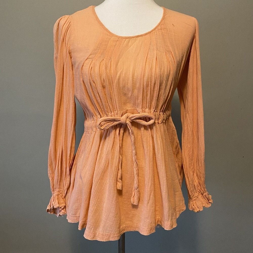 Vtg 70s Gauze Blouse Top Shirt Hippie Boho Peasant Festival XS Peach
